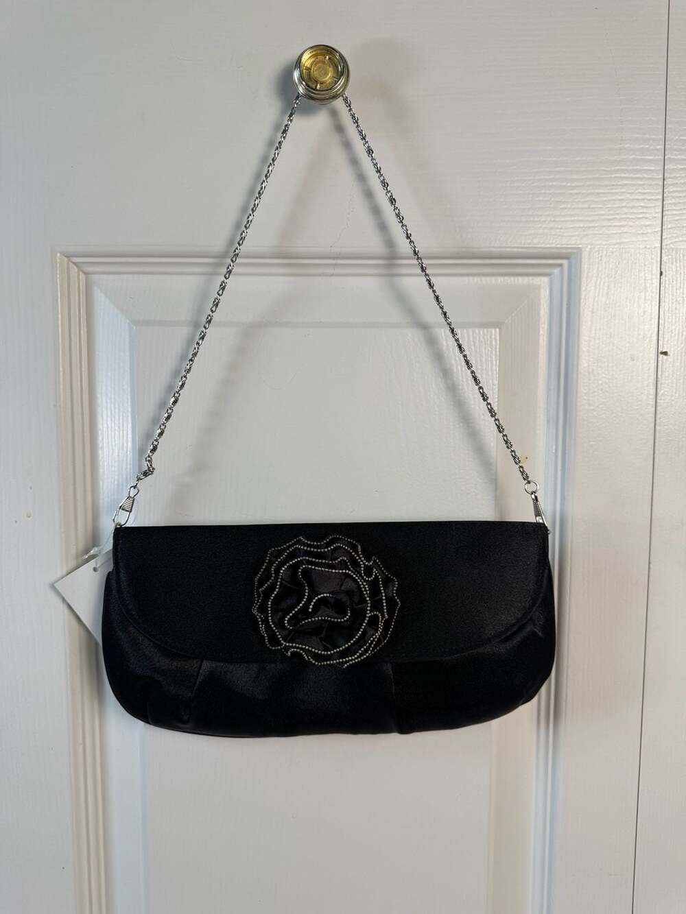 Black Satin Evening Clutch Purse Rosette Beaded Floral Chain Strap Formal Y2K